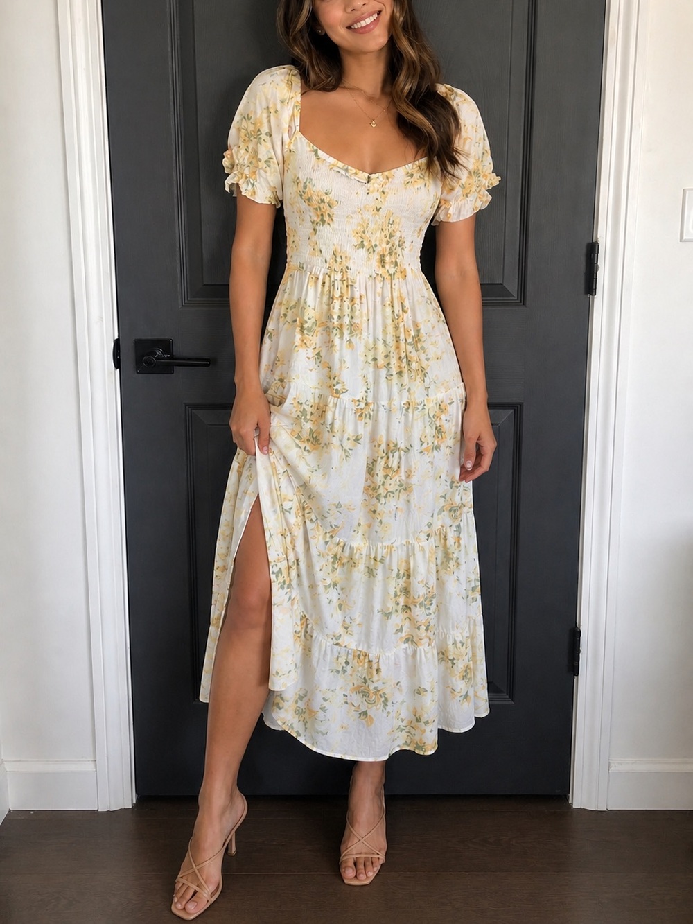 Abercrombie & Fitch Yellow Floral Smocked
Tiered Maxi Dress with Slit Small